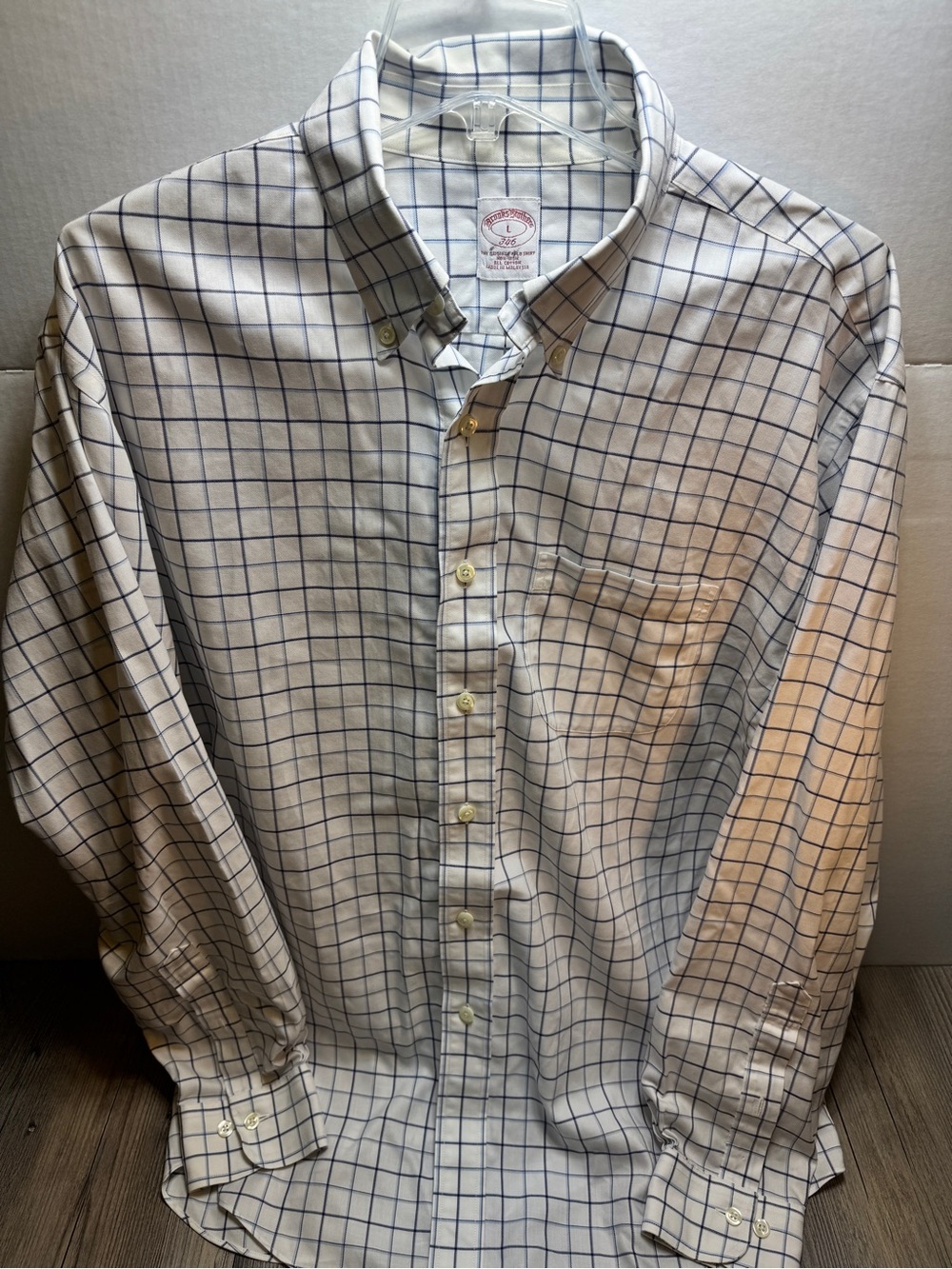 Brooks Brothers White Button-Down Shirt with Blue Windowpane